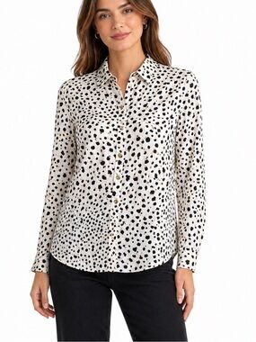 Talbots Animal Print Non-Iron Button Front Shirt Black White Gold 12P